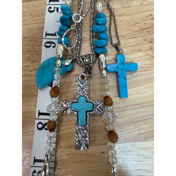 Layered Turquoise Look & Silver Tone Necklace Set With Cross & Bear Pendants - Picture 9 of 10